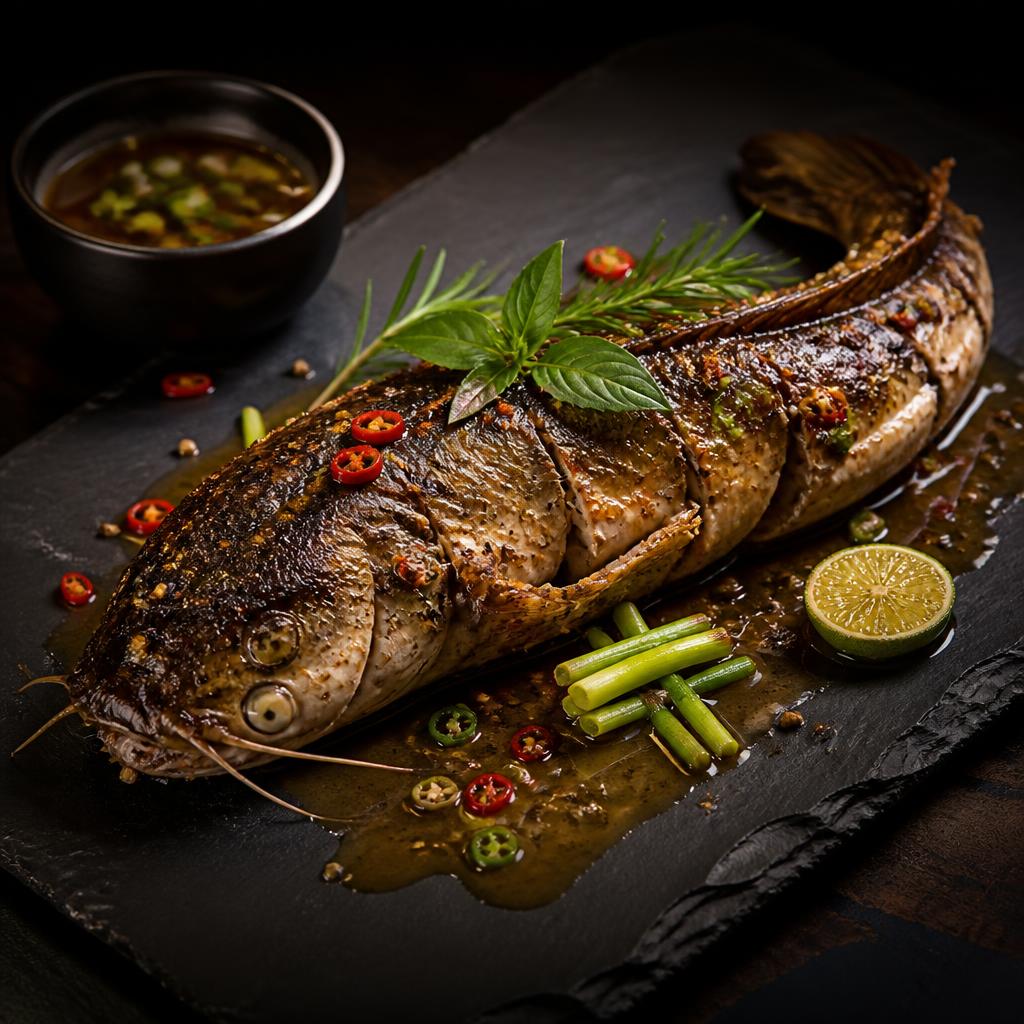 Grilled catfish pepper soup plated on dark slate