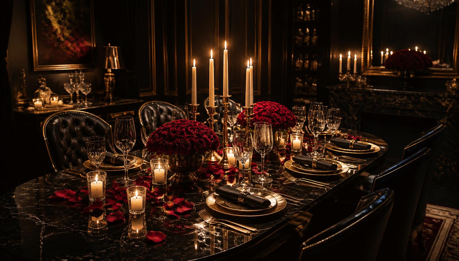 Private dining table set with candles, roses and gold tableware