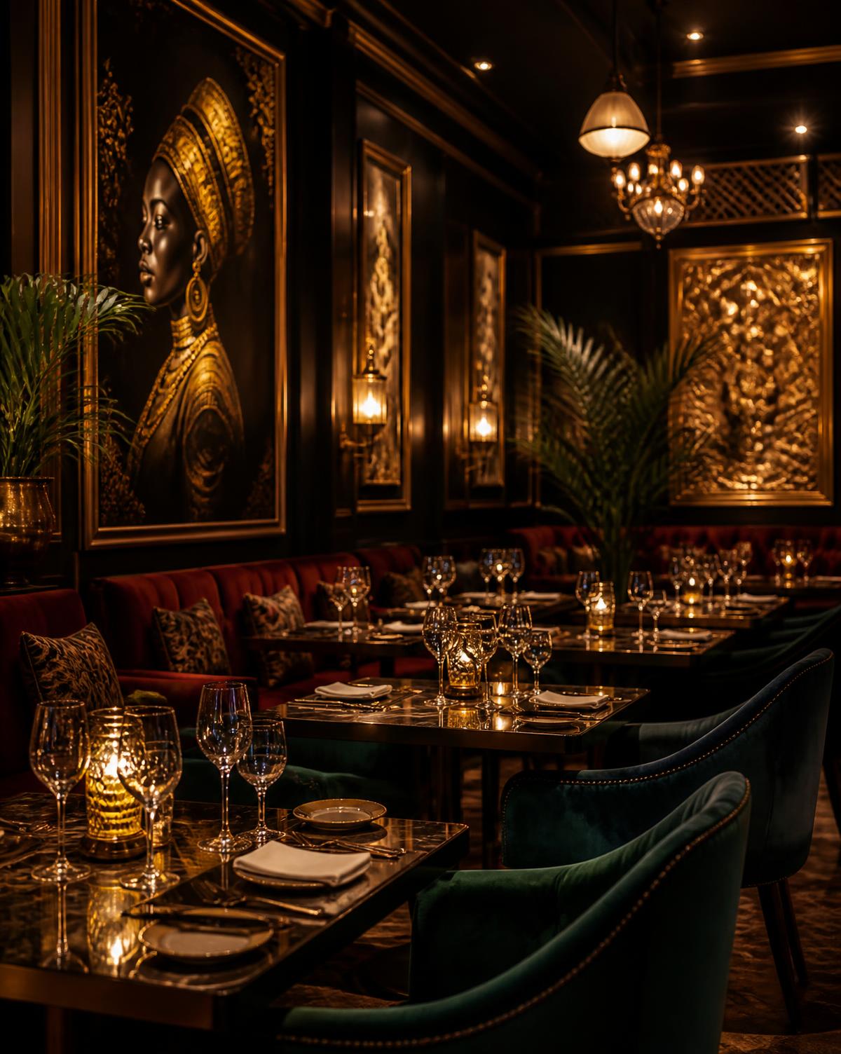 Candlelit dining room with velvet seating and gold artwork